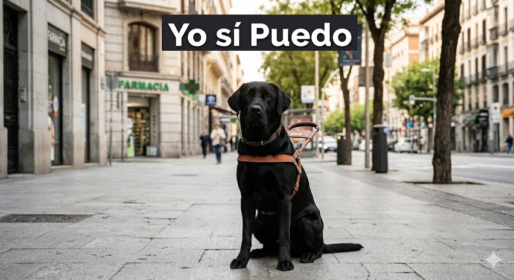Perro guía negro, sentado y un texto que dice Yo si puedo